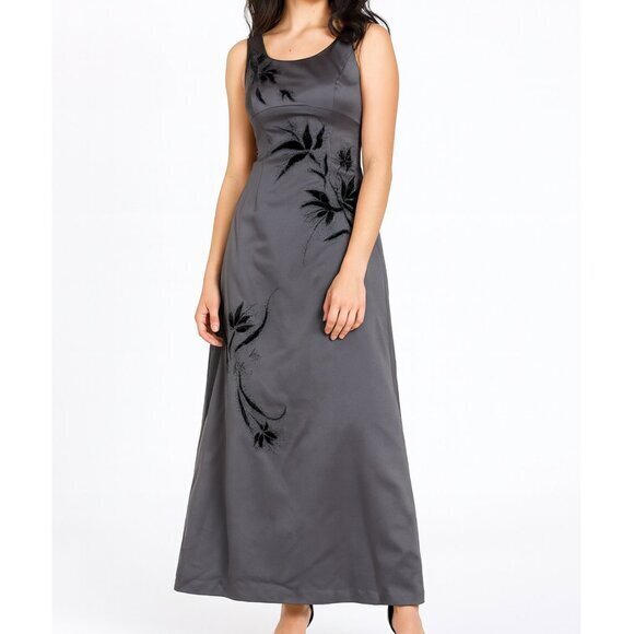 Kay Unger Dark Charcoal Gray Beaded Floral Formal Dress Size 6